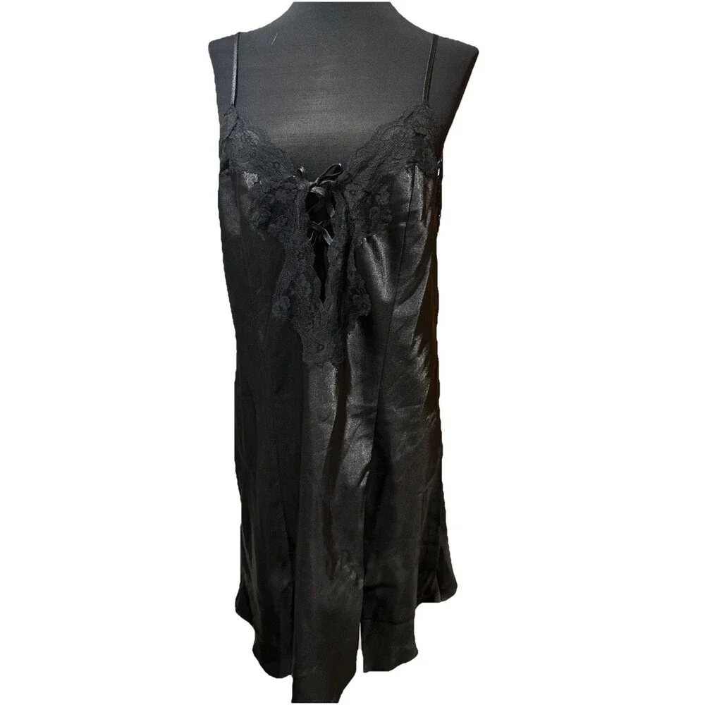 VTG Fredericks of Hollywood Nightie Y2K Nightgown Slip Dress Black Shiny Goth 1X